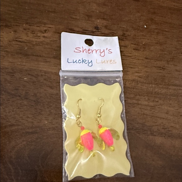 Sherry's Lucky Lures Pink and Yellow Earrings - Picture 4 of 5